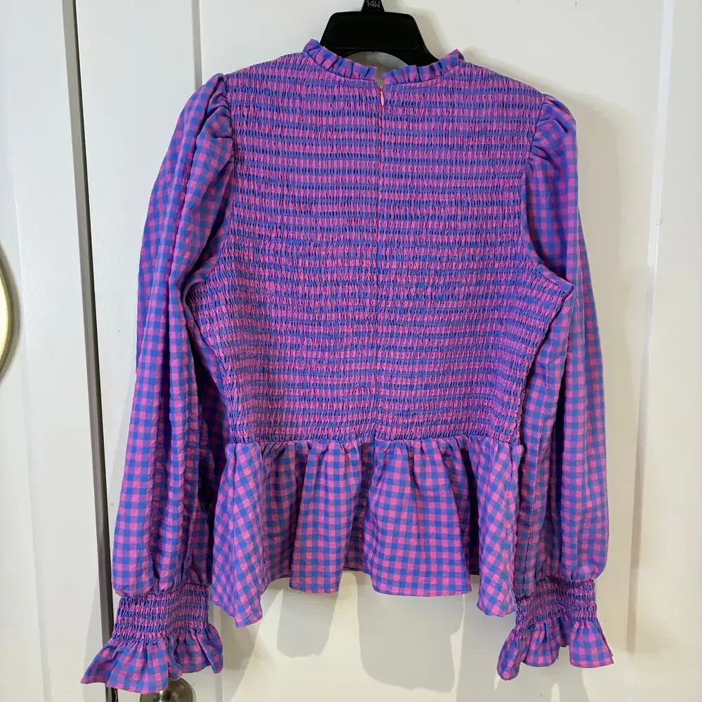 Tuckernuck Lavender and Pink Gingham Smocked Peplum Blouse